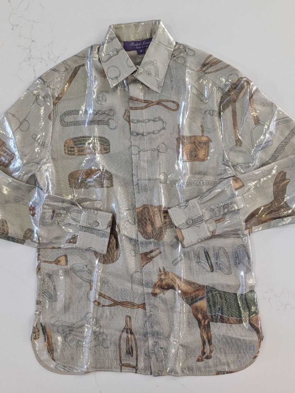 RALPH LAUREN PURPLE LABEL Evelina Equestrian Silk Metallic Shirt Italy 00 $1990